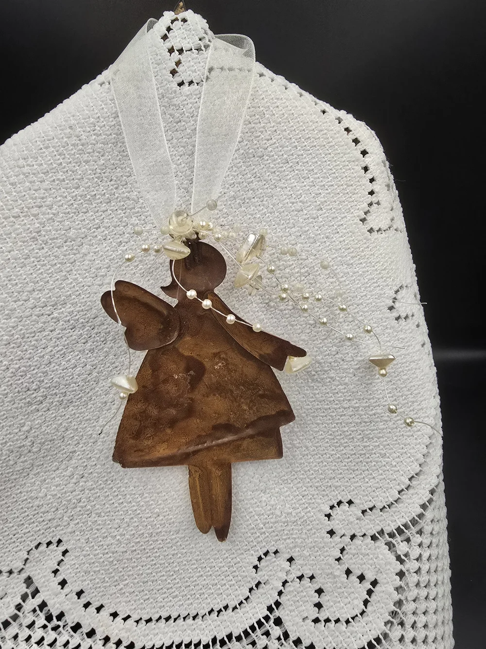 Handcrafted Angel Ornament in Cream, Red & Gold – Holiday Tree Decor
